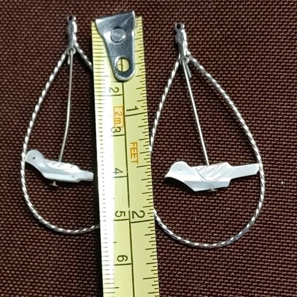 Native American Sterling Fetish Mother Of Pearl Birds Liquid Silver Hoop Earings - Picture 2 of 3